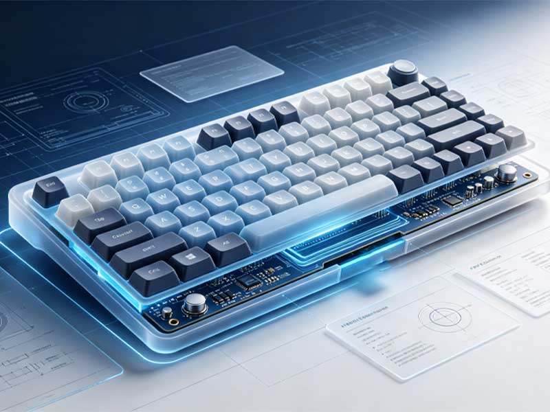 Technical product shot of silicone computer keyboard showing internal conductive structure on clean industrial light background