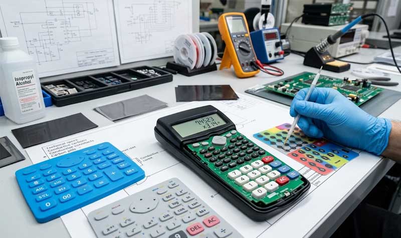 The gloved technician places a conductive contact sheet onto a PCB assembling custom Calculator Silicone Keypads on an electronics workbench
