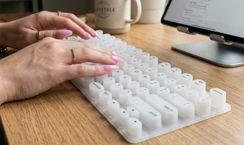 Translucent silicone keyboard for long nails with tall cylindrical keycaps set on a wooden desk near a tablet