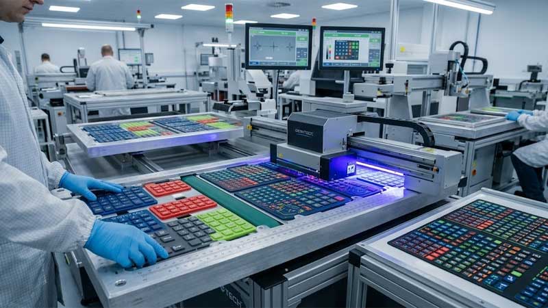 UV printing technology for silicone keypads industrial UV printer applying colorful patterns and symbols onto silicone rubber buttons