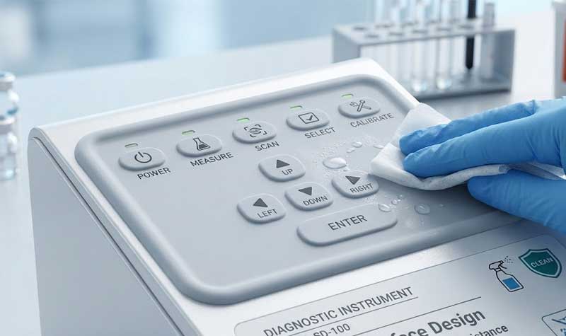a hand in a blue medical glove wiping down a seamless overmolded silicone keypad on a medical diagnostic instrument with a disinfectant cloth in a clinical laboratory setting
