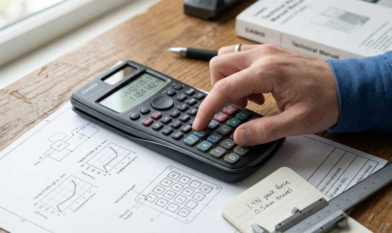 a hand pressing a button on a scientific calculator to demonstrate the precise tactile feedback of Calculator Silicone Keypads