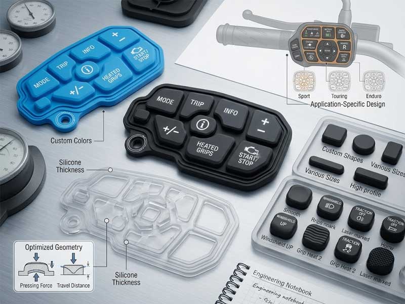 a variety of Motorbike Silicone Keypads including finished multi colored units with laser etched legends for motorcycle controls