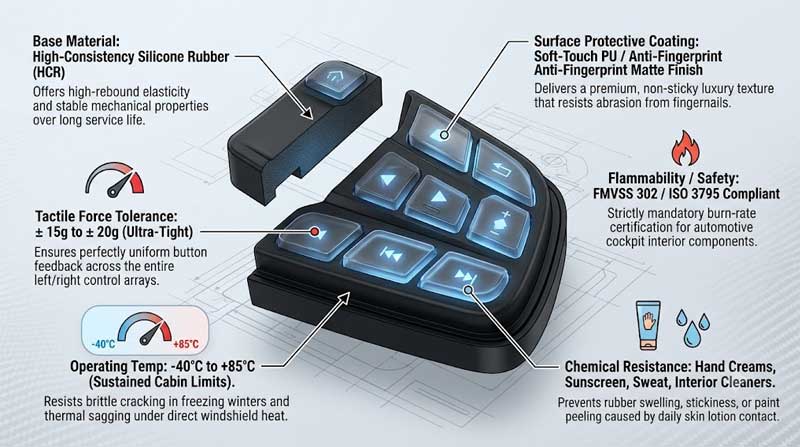 annotated technical diagram of Steering Wheel Silicone Keypads with callouts highlighting material properties tactile tolerance and safety compliance