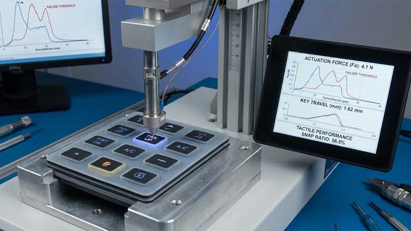 automated actuator testing an automotive silicone keypad button repeatedly measuring actuation force key travel and tactile performance