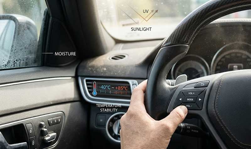 car interior that features multiple steering wheel silicone keypads with graphics overlaid to highlight moisture sunlight UV resistance