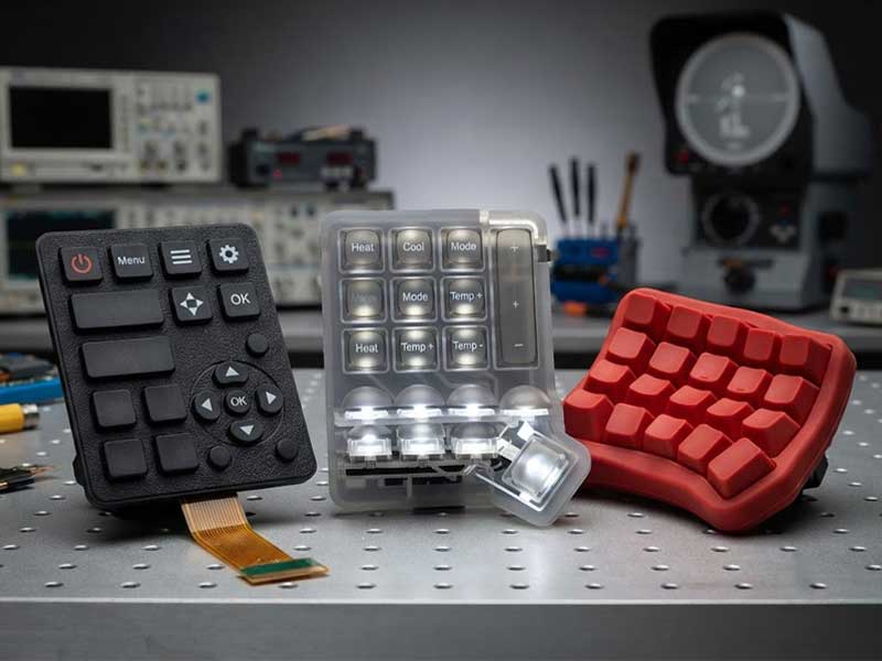 custom Coffee Machine Silicone Keypads each with distinct button shapes layouts tactile force characteristics and integrated backlighting arranged on a metal workbench