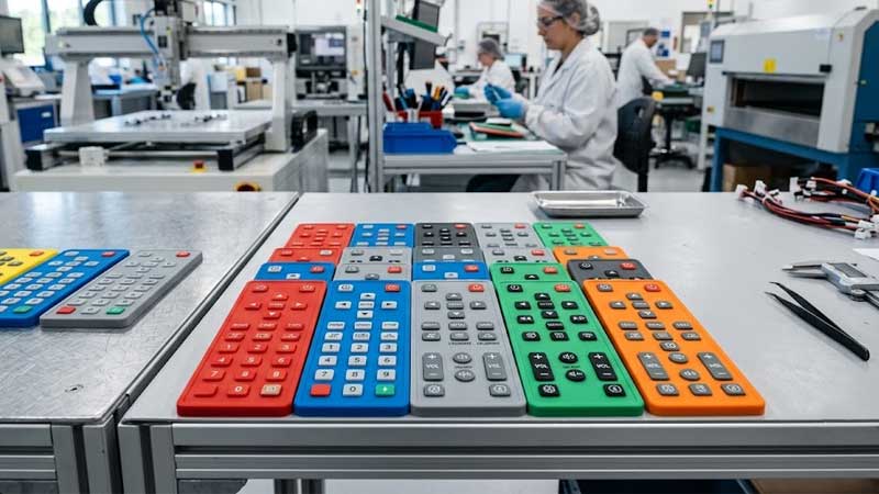 custom silicone keypads with printed legends icons and symbols on a production table