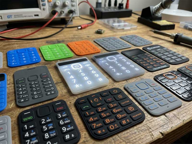 custom silicone mobile phone keypads featuring screen printed icons laser etched backlit legends and diverse color finishes