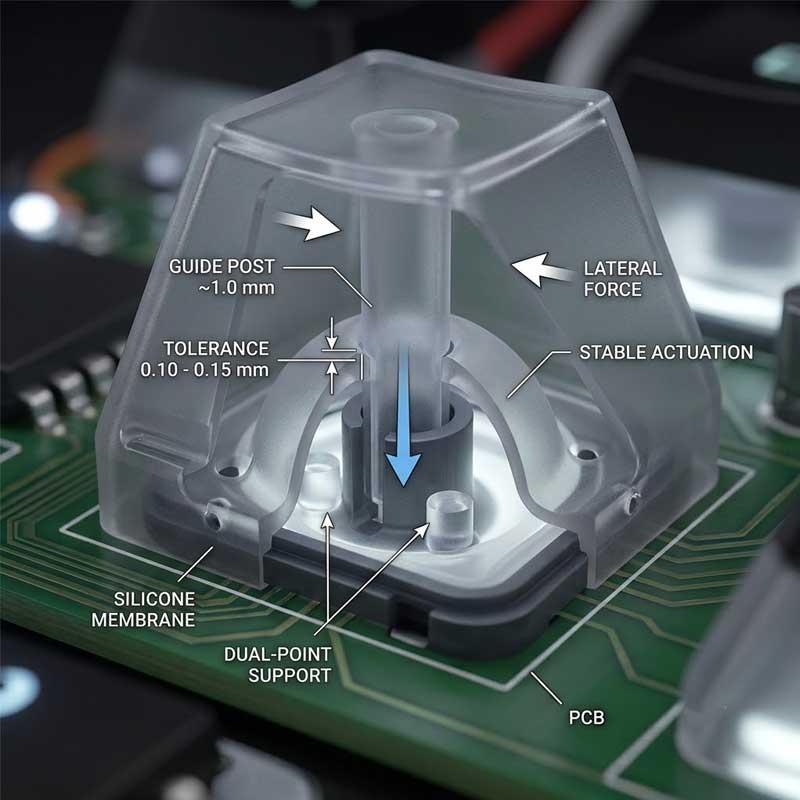 cutaway technical illustration of a single translucent high profile silicone keycap assembly on a green PCB