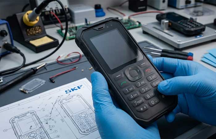 dark grey rugged mobile phone with fully integrated custom Silicone Mobile Phone Keypads being held by a technician wearing blue gloves in a factory workshop environment