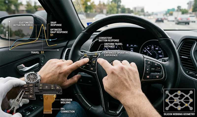 drivers hands operating multiple steering wheel silicone keypads during driving with an overlaid graph analyzing force and travel engineering diagrams