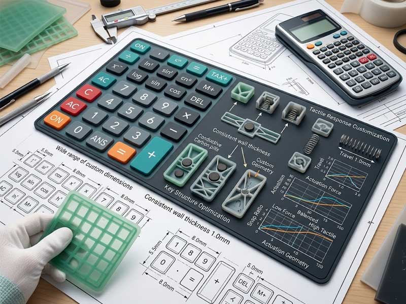 engineering blueprint and a technical data display board showcase parameters for customized Calculator Silicone Keypads