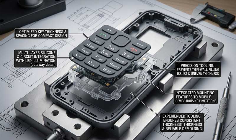 exploded view infographic showing the multi layer construction and housing integration of Silicone Mobile Phone Keypads
