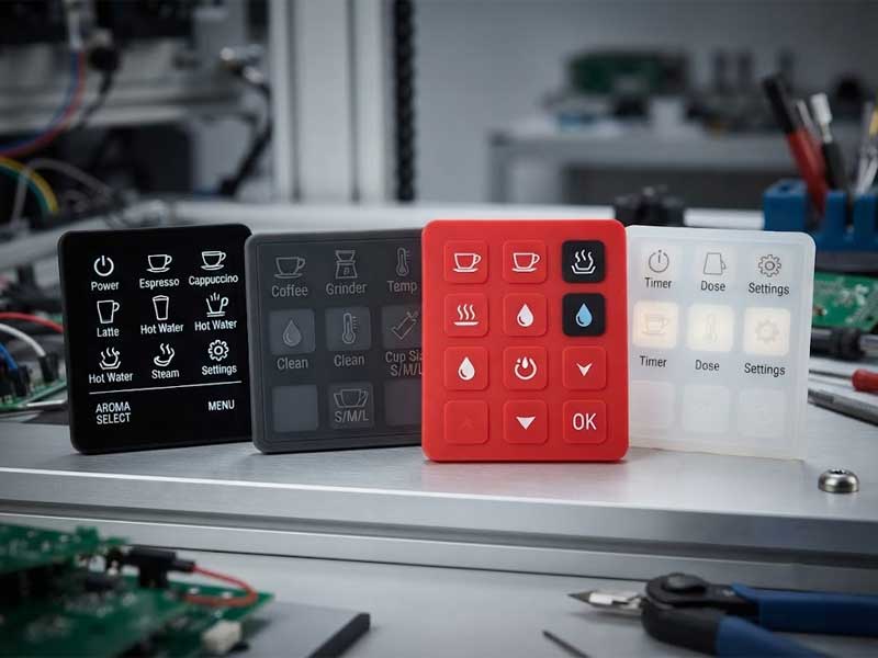 four colorful Coffee Machine Silicone Keypads displaying diverse screen printing laser etching and custom finishes arranged neatly on a metal workbench