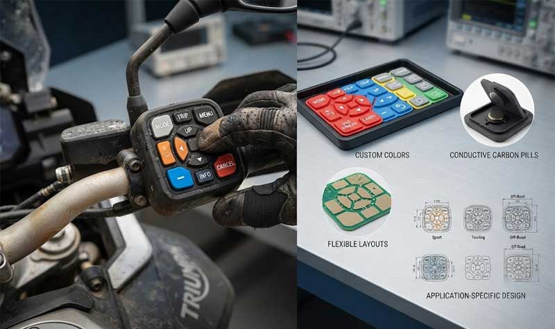 gloved hand operating a rugged multi colored Motorbike Silicone Keypad on a motorcycle handlebar left alongside technical demonstrations
