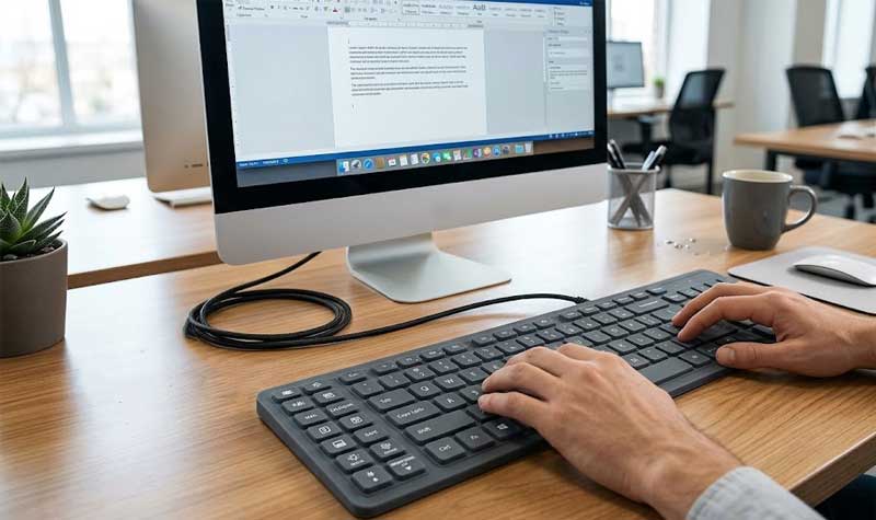 hands typing on a gray flexible Silicone USB Keyboard at a modern office desk