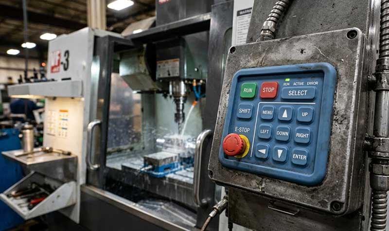 industrial control panel featuring an integrated overmolded silicone keypad with buttons for CNC machinery control set against the background of an active factory workshop