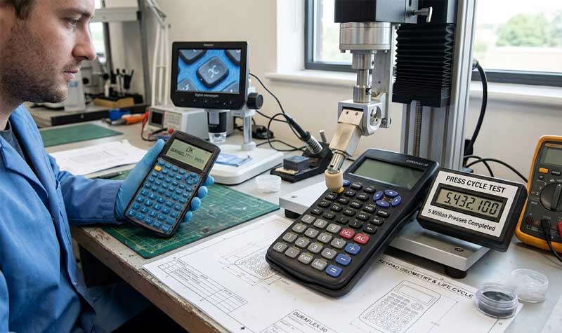 industrial laboratory technician observes a mechanical life cycle testing machine evaluate the high frequency durability of Calculator Silicone Keypads