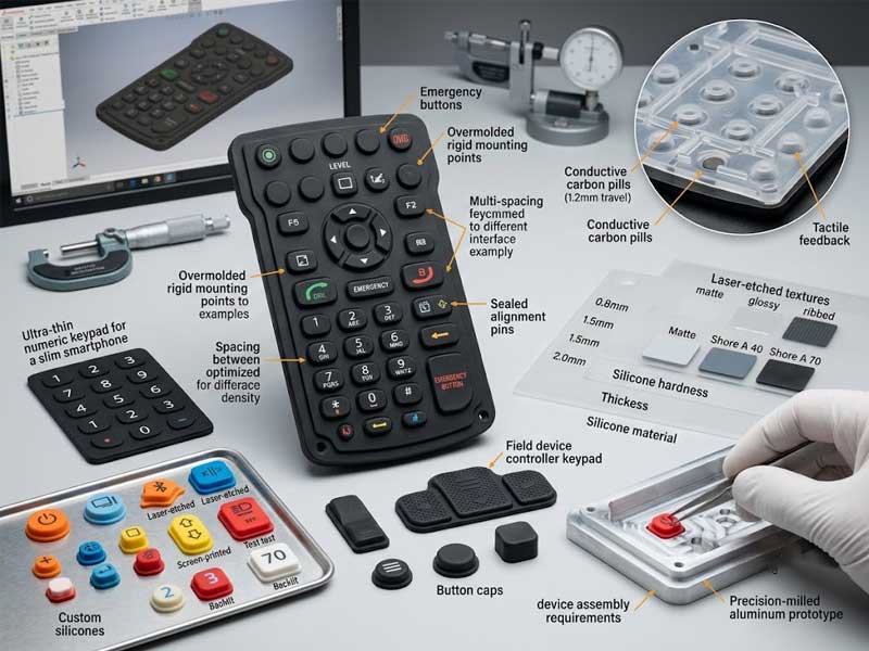 infographic style product photo displaying an array of custom Silicone Mobile Phone Keypads components material samples and design diagrams with technical annotations