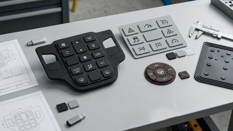 multiple customized automotive silicone keypads with different shapes colors button layouts printed symbols backlighting effects and conductive contact designs