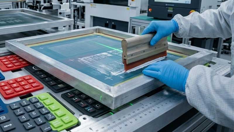 operator using a screen printing machine to apply ink onto silicone rubber buttons printing mesh screen ink layer and alignment marks visible