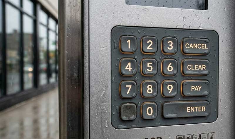 outdoor payment terminal keypad featuring overmolded silicone keypads with illuminated numbers and control buttons set against a blurred rainy street scene