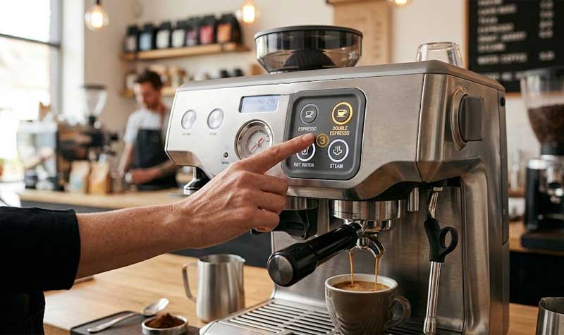 persons hand pressing a button on the integrated coffee machine silicone keypads of a modern stainless steel espresso maker while brewing coffee in a cafe environment