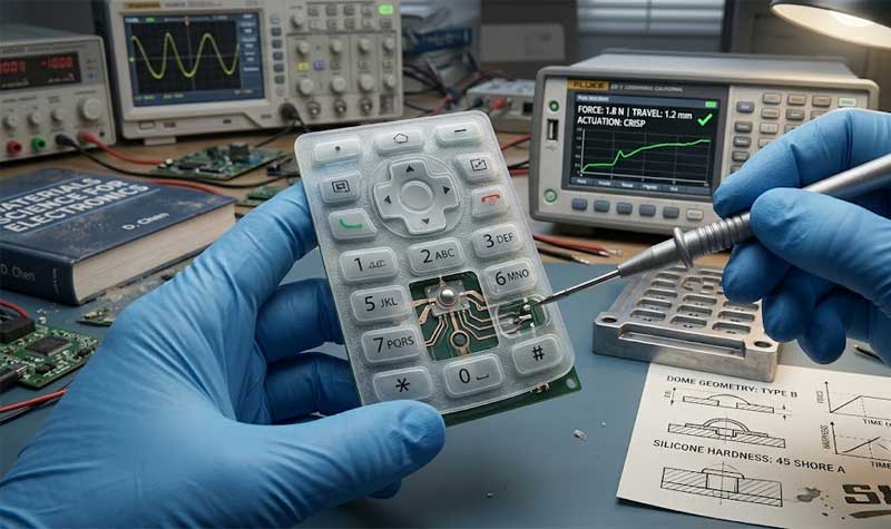 semi transparent Silicone Mobile Phone Keypad undergoing laboratory quality testing with a technician using a precise probe to inspect the internal circuitry