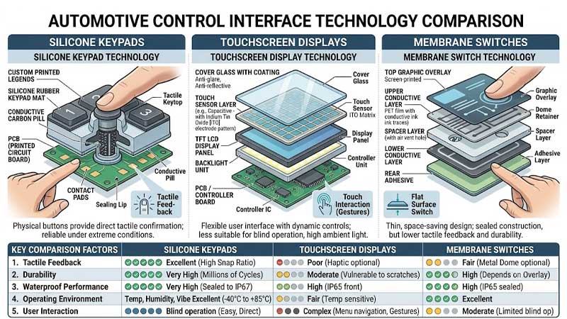 silicone keypads touchscreen displays and membrane switches. The image compares their structures with cutaway views