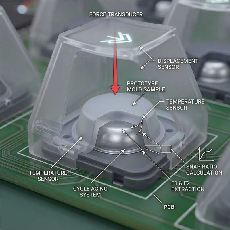 technical cutaway illustration of a complex key switch assembly on a PCB rendered in a sterile lab or advanced manufacturing facility style