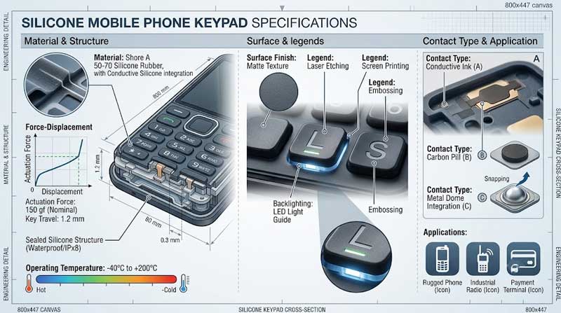 technical infographic detailing technical specifications for Silicone Mobile Phone Keypads including materials structures contact types