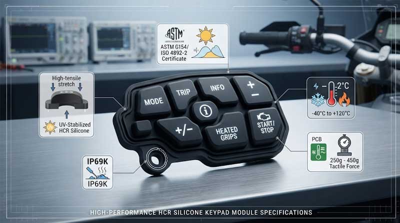technical infographic image showcases a Motorbike Silicone Keypad module on a metal workbench with digital callout labels detailing its engineering specifications