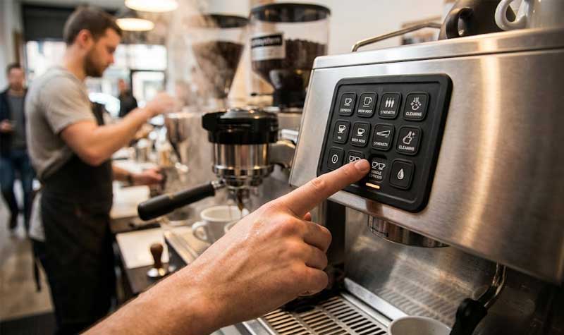 users finger pressing an espresso button on one of the responsive coffee machine silicone keypads to demonstrate precise tactile control on a stainless steel commercial espresso maker