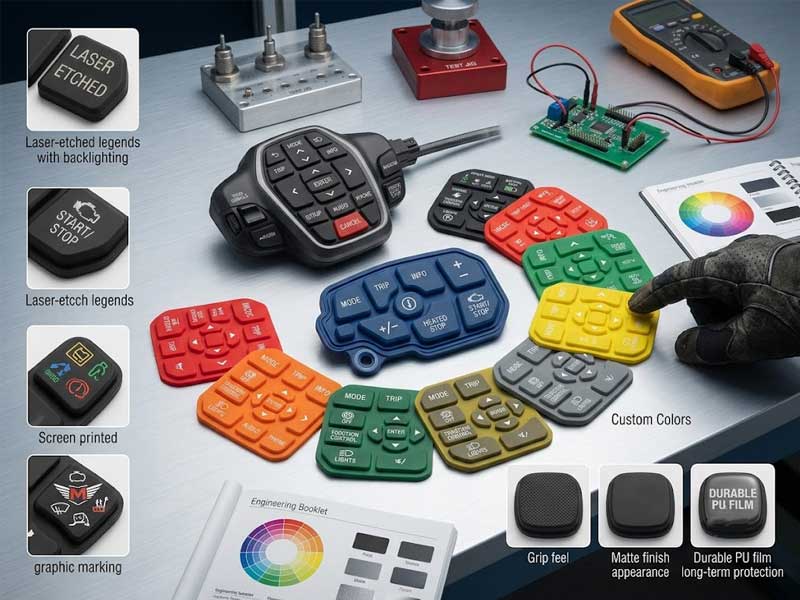 various Custom Appearance options for Motorbike Silicone Keypads arranged in a color wheel formation on an engineering workbench