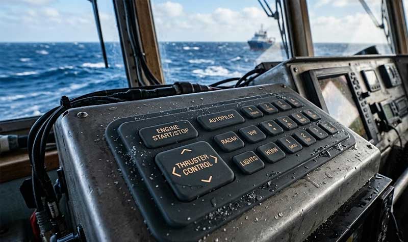 weathered marine control console with a prominent overmolded silicone keypad sits in a ships bridge overlooking the open ocean