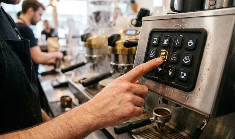 wet hand pressing a button on a waterproof coffee machine silicone keypad with visible water droplets on its heat resistant control panel in a commercial cafe