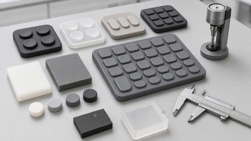 A clean lab scene showing molded POS Terminal Silicone Keypad samples beside LSR HCR hardness specimens Shore tester and caliper