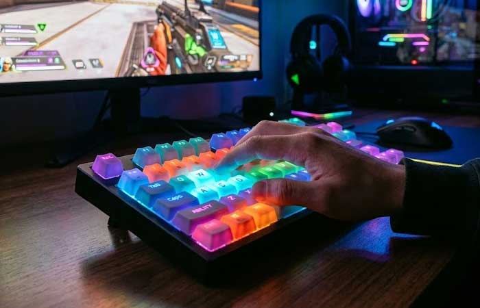 A gamer operating illuminated RGB silicone keypads with multi color backlighting on a dark gaming desk setup