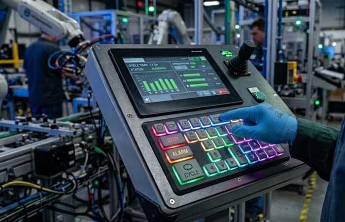 A gloved hand operates an industrial console featuring multi colored illuminated RGB silicone keypads for machine control