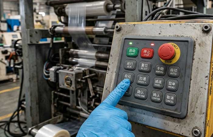 A gloved hand presses a Dustproof Silicone Keypads control panel on factory machinery in an industrial setting