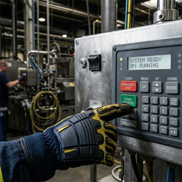 A gloved hand presses silicone keypads on industrial control panel
