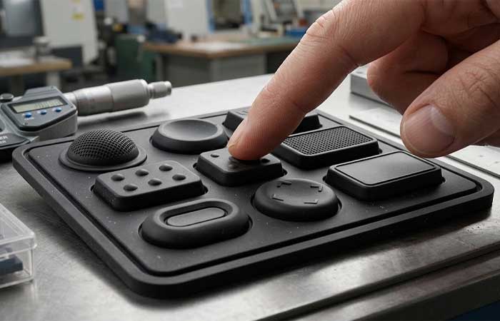 A hand touches custom keytop profiles on a black silicone keypad during tactile differentiation testing on an inspection bench
