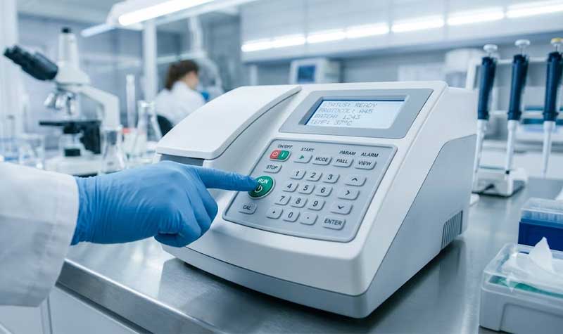 A lab technician operates a medical device featuring a smooth dustproof silicone keypad on a clean stainless steel counter