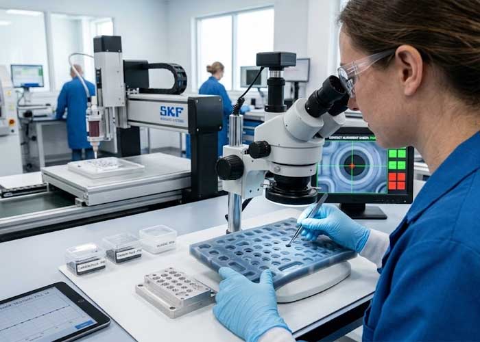 A lab technician uses a microscope and tweezers to place small components onto a base with an automated SKF gantry robot in the background