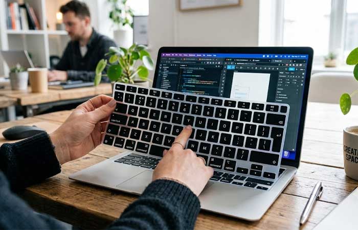A person precisely aligning a custom silicone keyboard cover onto a laptop keyboard on a bright wooden office desk