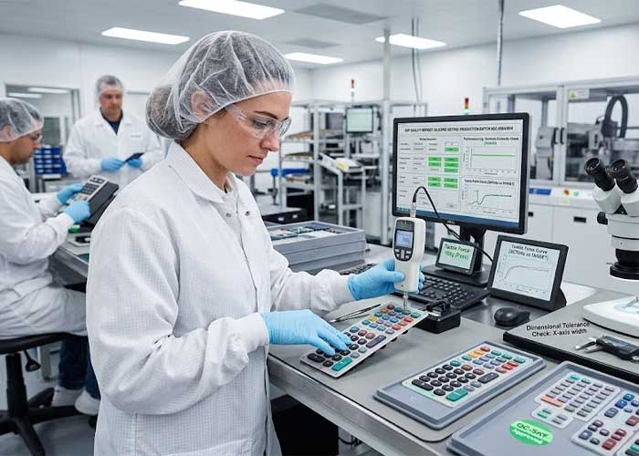 A quality control inspector tests key tactile force on a silicone keypad using a force gauge in a cleanroom lab