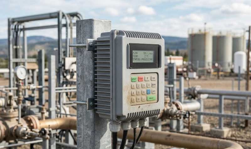 A rugged field terminal with an integrated dustproof silicone keypad displays processing status at a remote industrial gas facility
