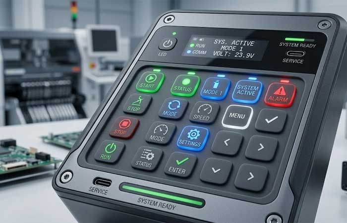 A sleek electronic control interface featuring customized LED silicone keypads with illuminated blue and green status buttons
