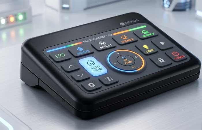 A smart electronic device featuring customized LED silicone keypads with colorful backlit buttons on a sleek table